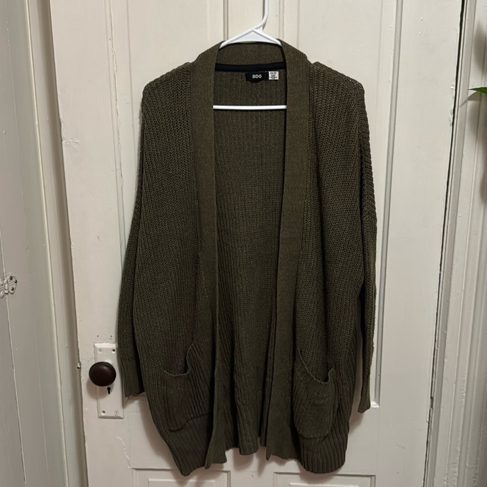 BDG Green Open Front Long Sleeve Knit Cardigan Sweater